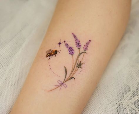 sogeum on Instagram: “Lavender and mini bee🐝” Lavender Tattoo With Bee, Bee With Lavender Tattoo, Coloured Bee Tattoo, Small Colourful Tattoos For Women, Colour Bee Tattoo, Bumblebee And Flower Tattoo, Bee Lavender Tattoo, Colour Small Tattoo, Coloured Floral Tattoo