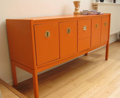 60s Sideboard, Orange Lacquer, Sideboard Makeover, Tan Living Room, Blue Candlesticks, Retro Sideboard, Painted Sideboard, Console Furniture, Living Room Orange