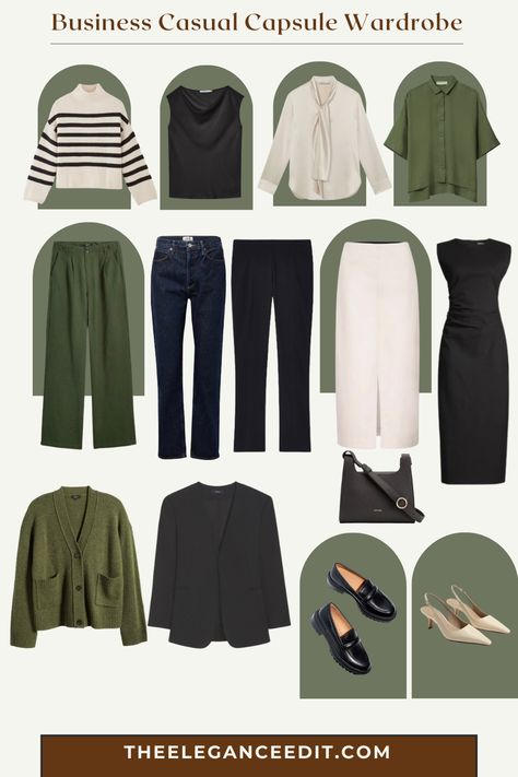 Business Casual Capsule Wardrobe 30s Business Casual, Summer Workwear Capsule Wardrobe, Dark Green Capsule Wardrobe, Capsule Business Casual Wardrobe, Olive Capsule Wardrobe, Business Casual Capsule Wardrobe 2024, Scandinavian Business Casual, Earth Tone Business Casual, Work Capsule Wardrobe Business Casual