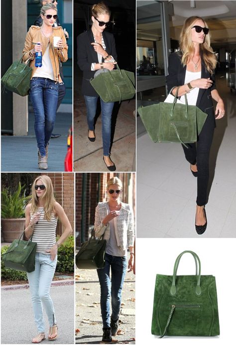 Celine suede green Phantom bag Celine Phantom Bag Outfit, Green Bag Outfit, Celine Phantom Bag, Rosie Huntington, Bag Outfit, Huntington Whiteley, Rosie Huntington Whiteley, Celine Bag, Green Suede