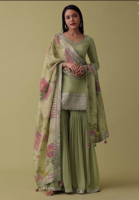 Silk Sharara Suit, Abla Work, Silk Sharara, Desi Dress, Trendy Outfits Indian, Pista Green, Desi Wear, Mode Turban, Traditional Indian Dress