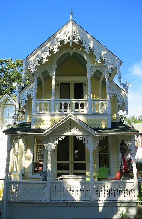 Cute Yellow Victorian Cottage, Now this is what I'm talking about!!! I will have something like this soon! Gingerbread Trim, Cute Cottages, Colorful Cottage, Oak Bluffs, Yellow Cottage, Painted Ladies, Victorian Cottage, Cottage Cabin, Yellow Houses