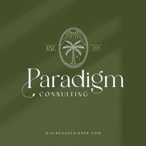 Kira from Paradigm Consulting was craving a fresh new look with her branding! For her brand vibe we went with a Vintage Chic look – combining a slightly retro color palette with luxe, sophisticated shadow and cocktail imagery. We brought in palm tree elements to give it a boho beachy touch. The color palette included green, pops of orange, and neutrals and black which balance out the brighter colors and enhances the feeling of professionalism, sophistication and timelessness. See more here... Palm Tree Color Palette, Retreat Logo Design, Hairdresser Website, Boho Chic Color Palette, Tropical Branding, Chic Logo Design, Logo Tree, Vintage Palm Tree, Palm Tree Logo