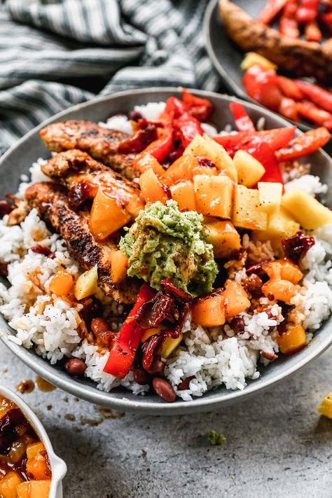 Caribbean Jerk Chicken Bowls - Tastes Better From Scratch Jerk Chicken And Rice, Jamaican Patties, Smoothie Bowl Vegan, Spicy Pineapple, Jerk Chicken Recipe, Chicken Bowl Recipe, Jamaican Jerk Chicken, Pineapple Sauce, Healthy Eating Meal Plan