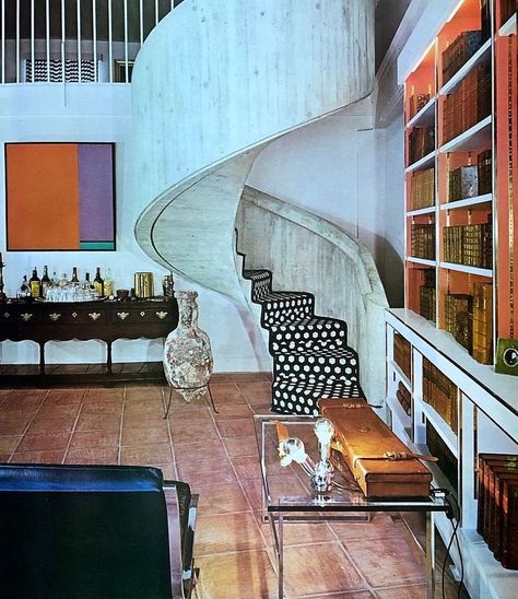 70s Worship on Instagram: “I’m spiraling over this staircase. From Plaisir de France, 1970. In Genoa, Italy, #DavidHicks brought an 18th century family home into…” Concrete Spiral Staircase, 90s Living Room, 70s Living Room, Sitting Table, David Hicks, Famous Interior Designers, Vintage Space, Concrete Design, People Sitting