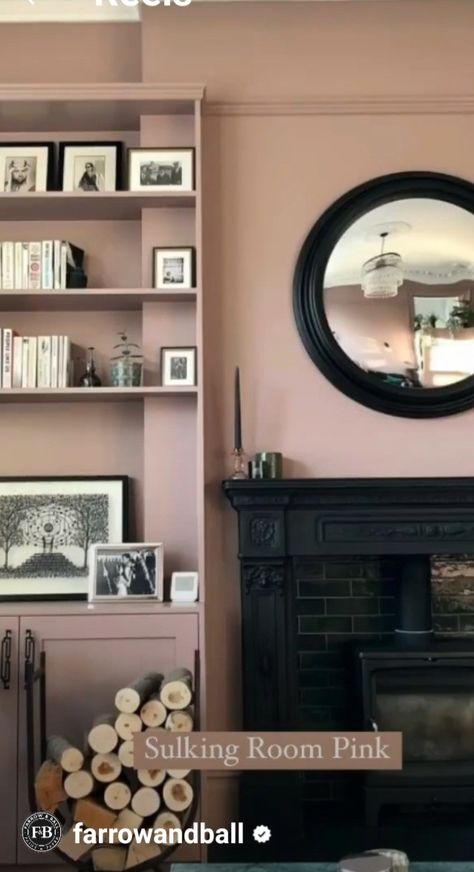 Black Fireplace Pink Walls, Snug Room Paint Ideas, Dusty Pink Sitting Room, Mauve Sitting Room, Guest Bedroom Colour Schemes, Pale Pink Living Room Walls, Sulking Room Pink Living Room, Dressing Room Colour Scheme, Dusky Pink Living Room