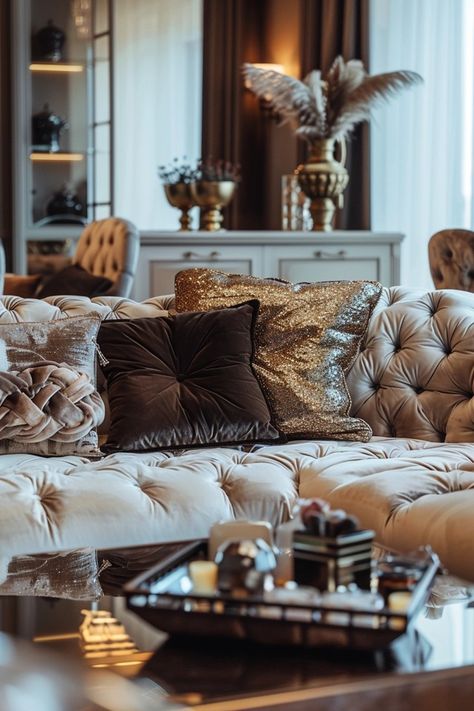 Chic Glam Living Room: Metallic Accents Metallic Living Room Decor, Chic Glam Living Room, Living Room Brown Leather Couch, Hollywood Glam Decor, Brown Leather Couch, Glam Design, Glam Living, Dream Life House, Glam Living Room