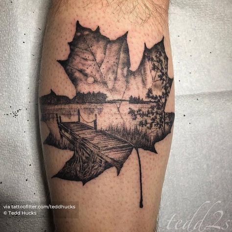 Canadian Flag Tattoo For Men, Lake Cabin Tattoo, Canada Maple Leaf Tattoo, Toronto Maple Leaf Tattoo, New Hampshire Tattoo Ideas, New England Tattoo Ideas, Canadian Tattoo Ideas For Men, Maple Leaf Tattoo Canadian, Lake Tatoos