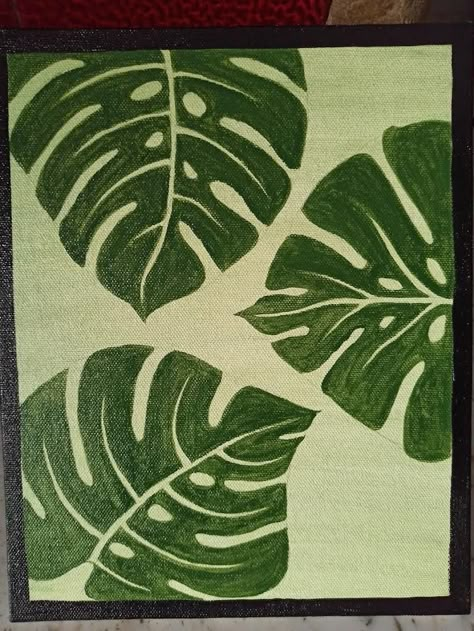 Collage Wall Painting Ideas, Montesera Leaf Painting, Monstera Leaf Painting On Canvas, Drawing Flowers And Leaves, Easy Monstera Leaf Drawing, Monstera Plant Wall Painting, Monstera Painting Easy, Cute Plant Paintings Easy, Simple Leaves Painting