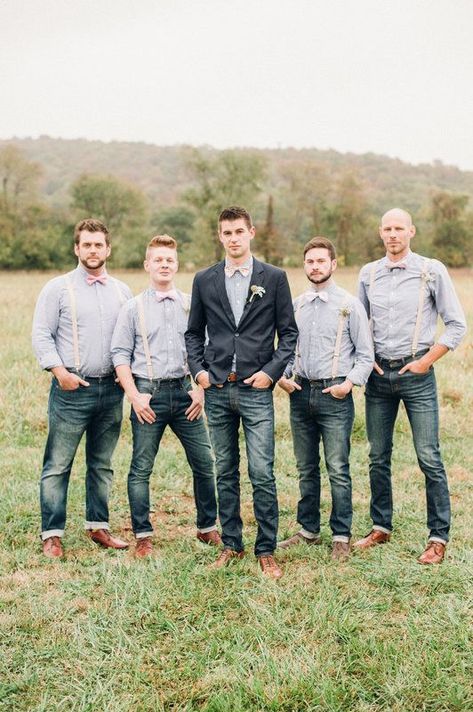 Black jeans dusty blue/Denim shirt plum/burgundy suspenders  brown shoes Vintage Groomsmen Attire, Groomsmen Jeans, Country Groomsmen, Vintage Groomsmen, Rustic Wedding Attire, Rustic Wedding Groomsmen, Jeans Wedding, Wedding Groomsmen Attire, Mens Wedding Attire