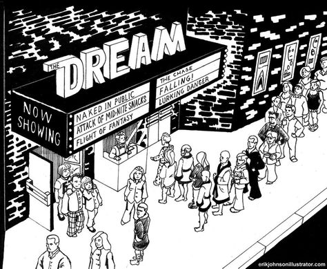 Dream Theater  Illustration for sleepcare.com article about Dreams. Movie Theater Drawing Reference, Theatre Drawing Illustration, Cartoon Movie Theater, Movie Theatre Illustration, Movie Theater Illustration, Movie Theather, Drive In Cinema Illustration, Cinema Illustration Theater, Theatre Drawing