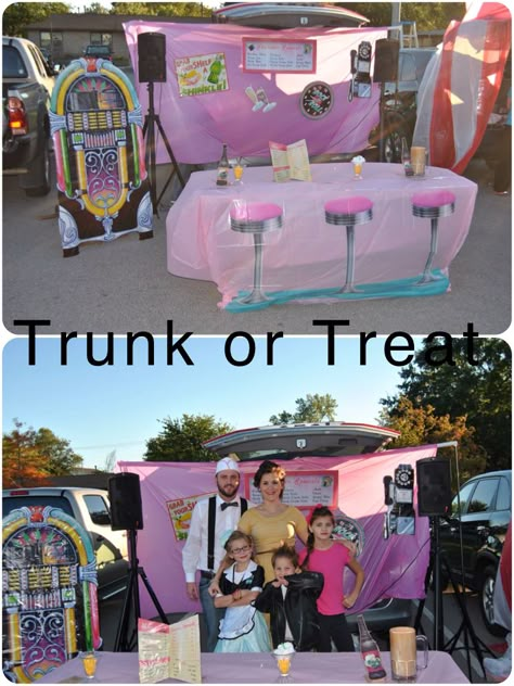 Hudson's Trunk or Treat 2013.  We did a 50's theme complete with music.  Used backdrop items from Amazon, tablecloths, and my backdrop stand.  Over all cost was around $40.00 for all the materials. Diner Trunk Or Treat Ideas, 1950s Trunk Or Treat, 50s Theme Trunk Or Treat, Trunk Or Treat 50s Theme, 50s Diner Trunk Or Treat, 50s Trunk Or Treat Ideas, Grease Trunk Or Treat, Grease Trunk Or Treat Theme, 50s Decorations