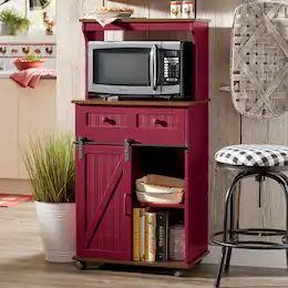 Kitchen Islands & Microwave Carts | Ginny's Microwave Stand Ideas Small Kitchens, Microwave Cart Ideas, Microwave Cart Makeover, Microwave Carts, Kitchen Island Microwave, 80s Apartment, Microwave In Island, Wheeled Cart, Microwave Cart