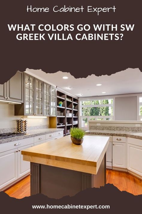 Greek Villa cabinets look well in the colours grey, brown, blue, and white. Use it with counters that are grey, white, or black. Use stainless steel or white appliances, warm grey, beige, or off-white walls. The colour of the Greek Villa is wonderfully complemented with medium oak, grey, brown, or beige tile. Greek Villa Cabinets, Sw Greek Villa, Greek Villa Sherwin Williams, Sherwin William, Paint Your Kitchen Cabinets, Greek Villa, Off White Walls, Accessible Beige, Greek Villas