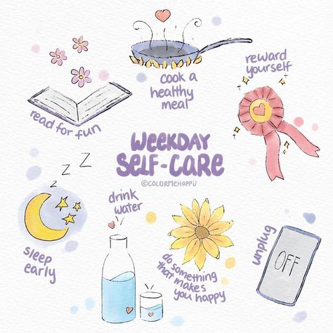 Kaitlyn • Drawing Positivity on Instagram: “How do you practice self-care on weekdays?  Find me at @colormehappii for more dashes of color, positivity and inspiration! . . . . . . . .…” Fotografi Digital, Self Care Bullet Journal, Make Happy, Mental And Emotional Health, Self Care Activities, Self Love Quotes, Self Care Routine, Self Improvement Tips, Emotional Health