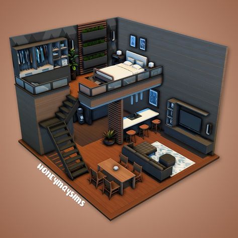 honeymaysims | Black & Brown Minimalistic Loft 🤎 Happy Friday, everyone! 🤎 It's finally the weekend again, and I'm showing you yet another old build… | Instagram Sims Loft House, Minimal Loft, Sims 4 Loft, Minimalist Loft, Tiny House Inspiration, Home Tools, Loft House, Loft Apartment, Building Plans