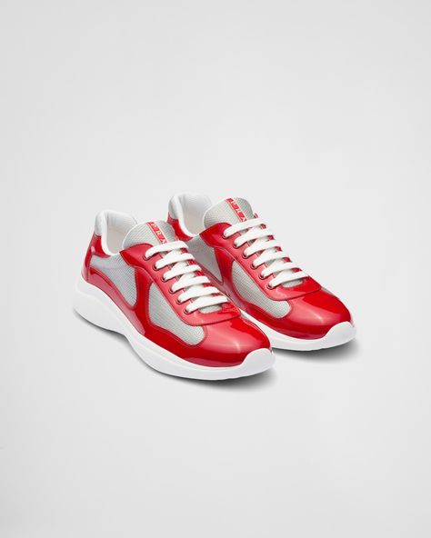 Red/silver Prada America's Cup sneakers | Prada Red Prada Shoes, Prada Menswear, Prada Sneakers, America's Cup, Americas Cup, Mens Casual Dress Outfits, Mens Casual Dress, Prada Men, Prada Shoes