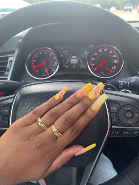 Yellow Acrylic Coffin Nails, Summer Nails, Nail art, Ombre Nails, Gold Rings Yellow Ombre Nails Coffin, Ombre Nails Gold, Yellow Coffin Nails, Summer Nails Nail Art, Acrylic Coffin Nails, Nails Summer Nails, Medium Coffin, Nails Gold, Yellow Ombre