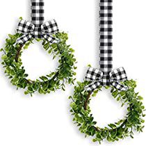 Buffalo Plaid Kitchen Decor, Plaid Kitchen Decor, Wreaths With Ribbon, Buffalo Plaid Kitchen, Cabinet Wreaths, Boxwood Wreaths, Hanging Wreaths, Greenery Wreaths, Plaid Kitchen