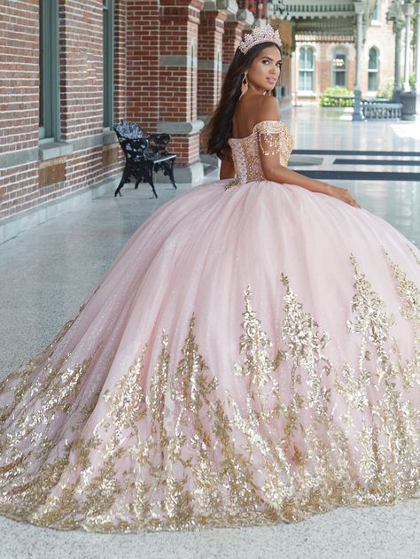 Receive lots of compliments in this bead embellished long off the shoulder dress with A-line skirt by House of Wu 26044. Sweetheart neckline has butterfly detailing chain on the off-the-shoulder sleeves, fully rhinestone beaded bodice, and shimmer glitter tulle ball gown skirt with sequin lace appliqués. Has a lace-up back and train. House of Wu Quinceanera Collection Spring 2023 Style Number: 26044 Fabric: Tulle/Sequin Lace Appliques/Beaded Embellishments Please note: There may be a loss of gli Gold Quince Dress, Xv Dresses, Quinceanera Themes Dresses, Quinceanera Collection, Quinceñera Dresses, Met Gala Dresses, Tulle Balls, Quince Dresses Pink, Pretty Quinceanera Dresses