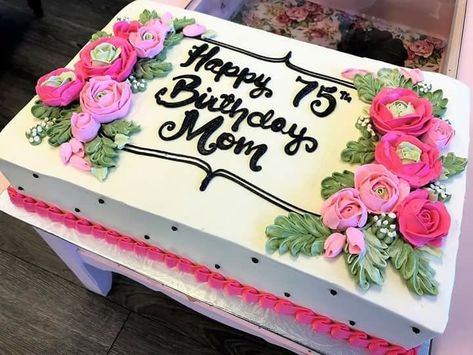 Pretty floral 75th birthday cake! Sheet Cakes Decorated With Flowers, Colorful Sheet Cake, 70th Birthday Sheet Cake, Sheet Cake Ideas Decorated, Pretty Sheet Cakes, 80th Birthday Sheet Cake, Rectangular Cake Designs, Rectangular Cake Decoration Ideas, Sheet Cake With Flowers