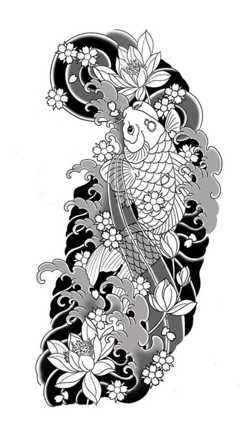 Japanese Black Sleeve Tattoo, Japanese Tattoo Art Women, Black And White Japanese Tattoo, Big Tattoo Designs, Japenses Tatoos Design, Background Tattoo Design, Traditional Japanese Tattoo Sleeve, Japanese Leg Tattoo, Japanese Tattoo Women