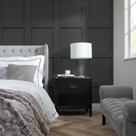 Bedroom Wallpaper | Wallpaper For Bedrooms | FREE UK Delivery Grey On Grey Wallpaper, Dark Grey Panelling Bedroom, Panel Wallpaper Bedroom, Dark Grey Wallpaper Bedroom, Dark Grey Feature Wall Bedroom, Black Panelling Bedroom, Grey Feature Wall Bedroom, Dark Grey Bedroom Decor, Grey Panelling Bedroom