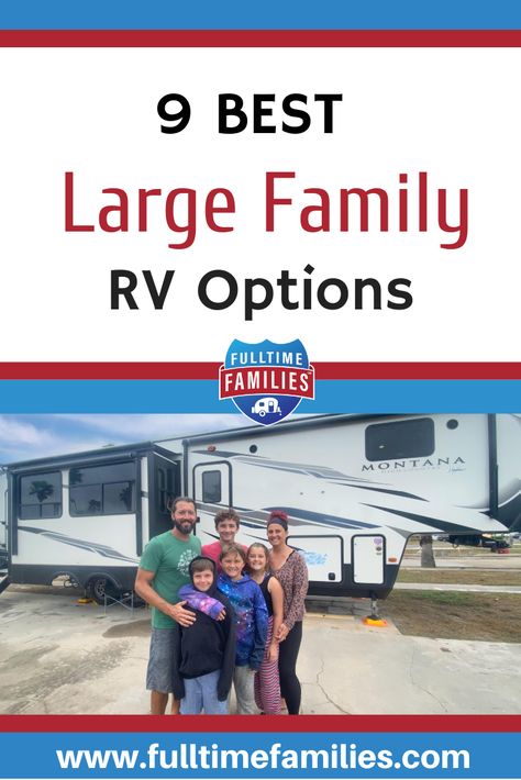 RVs for Large Families Pinterest Pin Best Campers For Families, Big Family Rv Living, Full Time Rv Living With Kids, Rv Living With Kids, Bunkhouse Camper, Rv Floor Plans, Big Families, Trailer Camping, Rv Renovation