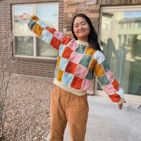 Check out this PatchworkSweater made by @_kristencrochets. Isn't it cozy? 🍁🍂 Pattern: Patchwork Sweater by Auburn Threads #crochet #crochetsweater Crochet Patch Work Sweater, Crochet Patchwork Sweater Pattern, Patchwork Sweater Pattern, Patch Work Sweater, Patchwork Sweater Crochet, Feather Yarn, Cozy Pattern, Patchwork Sweater, Stash Buster