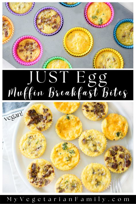 Just Egg Muffin Breakfast Bites | My Vegetarian Family #veganeggbites #justeggbites #veganbreakfast Just Egg Muffins, Just Egg Muffins Vegan, Vegan Egg Bites Muffin Tins, Dairy Free Egg Bites, Vegan Egg Bites, Vegan Breakfast Pizza, Veg Keto, Mini Muffin Tin Recipes, Muffin Breakfast