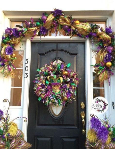 Deco Mesh Mardi Gras Door Decorations- Julie Siomacco of Southern Charm Wreaths shows you how to make a festive Mardi Gras Door Decorations | DIY Carnival Season | Mardi Gras Wreath | Mardi Gras Garland |Mardi Gras Planters #mardigras #diy #decorations Mardi Gras Door Decorations, Spruce Wreath, Mardi Gras Door, Sweet Person, Doors Diy, Mardi Gras Wreath, Door Interior, Mardi Gras Decorations, Twig Wreath