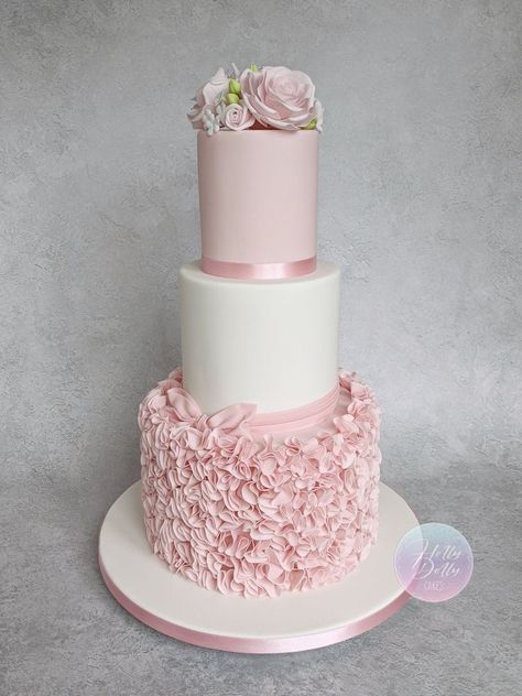 Simple and elegant three tier wedding cake with sugar roses and ruffles Three Tiers Wedding Cake, Wedding Cake Three Tier, Dolly Cakes, Ruffles Cake, Three Tier Wedding Cake, Girls First Birthday Cake, Holly Dolly, Three Tier Cake, 3 Tier Cake