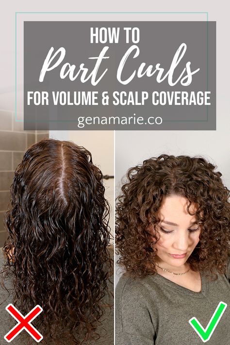 How to Part Curly Hair for Volume & Scalp Coverage 4 Ways | Parts for Low-Density Hair – Gena Marie Part Curly Hair, Curly Hair Techniques, Natural Curly Hair Cuts, Layered Curly Hair, Cute Curly Hairstyles, Thick Curly Hair, Wash Day, Haircuts For Curly Hair, Natural Curls Hairstyles