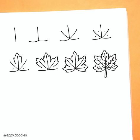 Fall doodles | Maple leaf step by step doodle tutorial. Learn how to doodle a maple leaf for your fall themed bullet journal spreads. Follow @appy.doodles on instagram for more step by step doodle tutorials, doodle art for beginners, cute and easy things to draw in your art journals, simple doodle drawings, cute bullet journal doodles. Simple Maple Leaf Drawing, Fall Leaf Doodle, Easy Fall Leaf Drawing, Fall Doodles Step By Step, Maple Leaf Doodle, Fall Leaf Drawing, Bullet Journal Leaves, Romanticizing Autumn, Doodles Step By Step