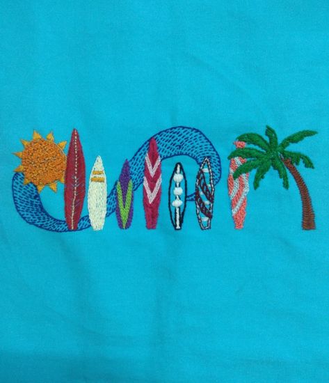 Coastal Embroidery Designs, Surfing Embroidery, Surfboard Embroidery, Surf Embroidery, Tropical Embroidery, Clothes Embroidery Diy, Coastal Theme, Pearl Embroidery, 타이포그래피 포스터 디자인