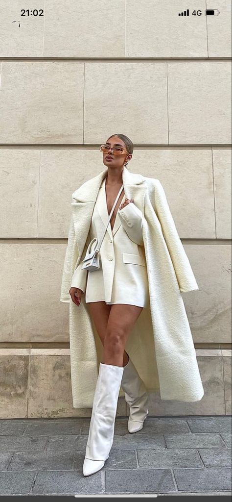 Cream Thigh High Boots Outfit, Cream Heeled Boots Outfit, Cream Knee High Boots Outfit Winter, High Knee Boots Outfit Party, Tan Over The Knee Boot Outfit, Ivory Boots Outfit, Tall Boots Outfit Winter, Fold Over Boots Outfit, White Knee High Boots Outfit