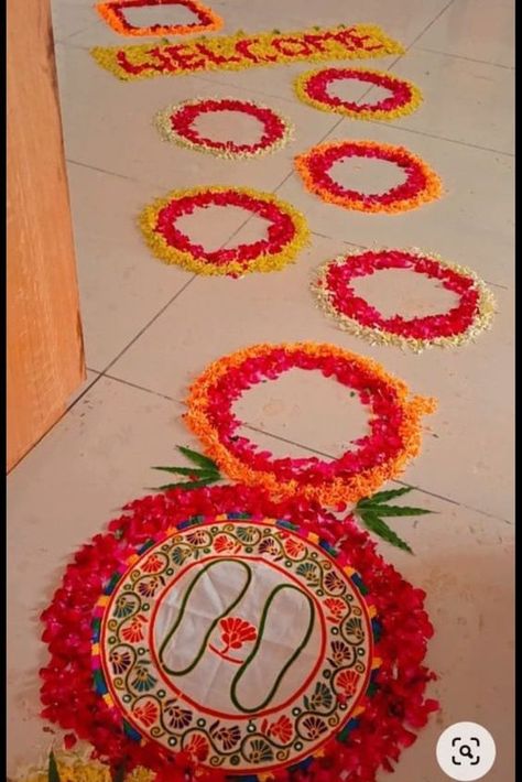 Welcome Home Decoration Decoration For Kankupagla, Bridal Welcome Ideas At Home, Kaku Pagala Decoration, Kunku Pagla Decoration, Tapasvi Decoration At Home, Welcome Bride Decoration Ideas At Home, Welcome Decoration With Flowers, Welcome Flower Decoration On Floor, Baby Welcome Flower Decoration