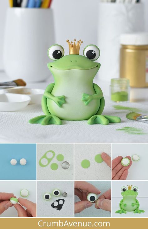 cute fondant frog cake topper, how to make a fondant frog, cute fondant animals, crumb avenue tutorials, frog prince, fairy tale, kids birthday, boy, 1st birthday, simple and easy to make, step by step tutorial, cake decorating, gum paste, modelling paste, sugarpaste, cake craft, sugar art, kids crafts, ribbit, gold crown, toad, bullfrog, pond cake theme Fondant Frog Tutorial, Clay Frog Tutorial Step By Step, Easy Frog Cake Birthdays, Frog Birthday Ideas, Frog Pond Cake, Fondant Animals Step By Step, Easy Frog Cake, Cute Fondant Cakes, Frog Cake Ideas