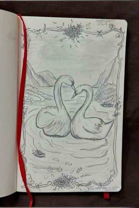 Swan In A Lake Drawing, Love Swans Drawing, Swan Heart Drawing, 2 Swans Drawing, Drawing Of Swan, Cute Sketching Ideas, Mothers Day Drawings Ideas Mom, Drawing For Crush, Love Notes Drawings