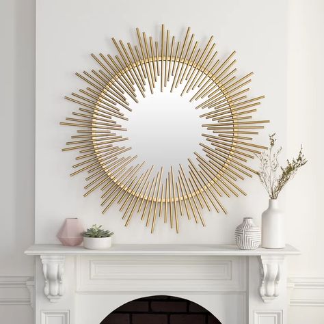 Gold Sunburst Mirror, Gold Framed Mirror, Gold Sunburst, Mirror Wall Bedroom, Modern Wall Mirror, Sunburst Mirror, Accent Mirror, Metal Mirror, Mirror Wall Art