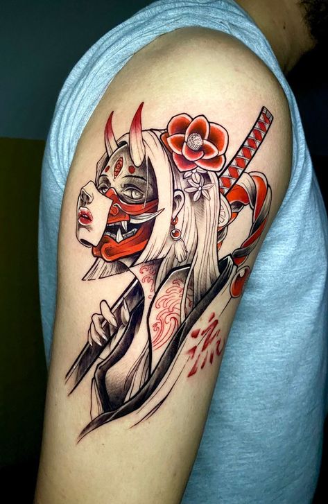 Mascara Hannya, Mascara Oni, Japanese Mask Tattoo, Oni Mask Tattoo, Guerriero Samurai, Geisha Tattoo Design, Traditional Japanese Tattoo Designs, Gladiator Tattoo, Samurai Tattoo Design