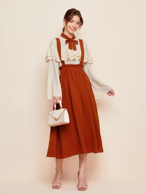 Tie Neck Ruffle Trim Top & Pinafore Skirt Set | SHEIN EUR Pinafore Skirt, Ruffle Trim Top, Girls Long Dresses, Plus Size Cocktail Dresses, Old Fashion Dresses, Retro Vintage Dresses, Vintage Clothing Online, Trim Top, Moda Vintage