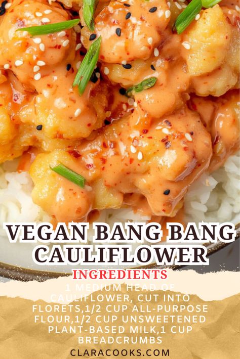 Vegan Bang Bang Cauliflower Vegan Bang Bang Cauliflower, Fun Vegan Desserts, Cheesy Vegetarian Recipes, Cauliflower Recipes Vegan, Easy Vegan Dishes, Bang Bang Cauliflower Recipe, Vegan Dishes Easy, Bang Bang Cauliflower, Vegan Cauliflower Recipes