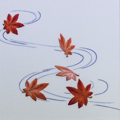 "Maple leaves floating on a stream", Kyoto embroidery - Kyoto embroidery workshop Sugishita and Photo by Uesugi Halca - Google Arts & Culture Maple Embroidery, Maple Leaf Embroidery, Maple Leaf Kimono, Sakura Flower Embroidery, Embroidered Maple Leaf, Mount Fuji Embroidery, Maple Leaf Art, Embroidery Workshop, Japanese Patterns