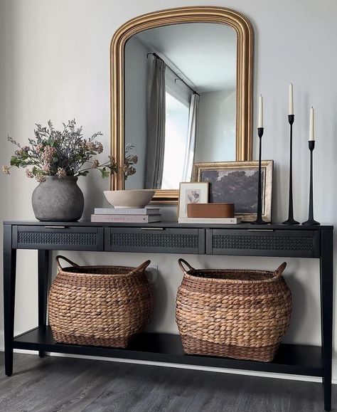 Photo by Christin Jipson in York, Pennsylvania with @kirklands, @target, @studiomcgee, @amazon, @athomestores, @amazonhome, and @amazoninfluencerprogram. May be an image of credenza, mirror, basket and indoors. Credenza Styling Living Room, Credenza Mirror, Sideboard With Mirror, Credenza Styling, Sideboard Styling, Credenza Decor, Sideboard Styles, Credenza Design, Console Table Styling