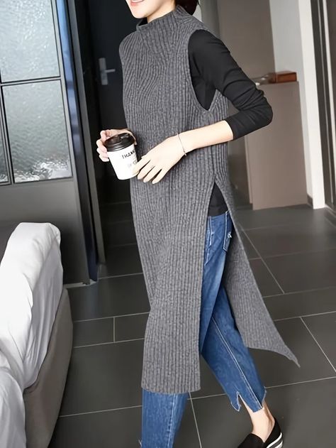 High Neckline Dress, Sleeveless Knit Dress, Sleeveless Sweater Dress, Winter Knit Sweater, Long Knitted Dress, Women Sweaters Winter, Korean Fashion Women, Solid Color Dress, Sweater Dress Women