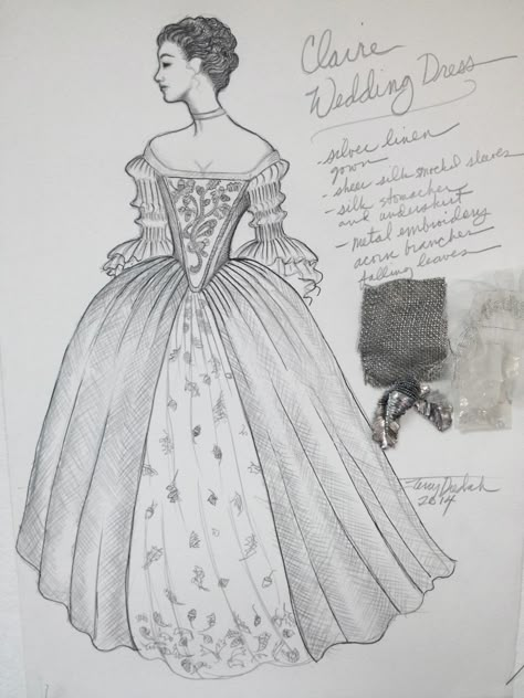 Outlander Wedding Dress, Outlander Wedding, Terry Dresbach, Costume Sketches, Outlander Costumes, Diana Gabaldon Outlander Series, Diana Gabaldon Outlander, Outlander Season 1, Wedding Dress Sketches