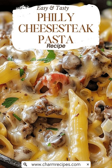 Italian Dishes With Steak, Philly Cheesesteak Pasta Recipe, Philly Cheese Pasta Recipes, Ribeye Steak Pasta, Philly Cheesestake Pasta, Philly Cheese Steak Noodles, Easy Philly Cheese Steak Pasta, Pasta Entree Recipes, Philly Cheese Steak Pasta Casserole