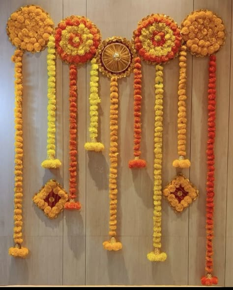 Decoration Ideas For Diwali At Home, Wall Diwali Decoration, Simple Diwali Decorations At Home Diy, Saree Decoration For Ganpati, Haritalika Pooja Decoration, Puja Mandir Decoration Ideas, Diwali Flower Arrangements, Diwali Party Ideas At Home, Back Drop Decorations For Pooja