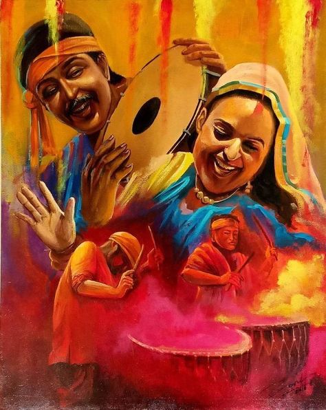 Painting On Festival, Indian Art And Culture Painting, Indian Festivals Painting, Painting On Indian Culture, Any Festival Drawing, Holi Festival Painting, Indian Festival Painting, Holi Artwork, Indian Festival Drawing